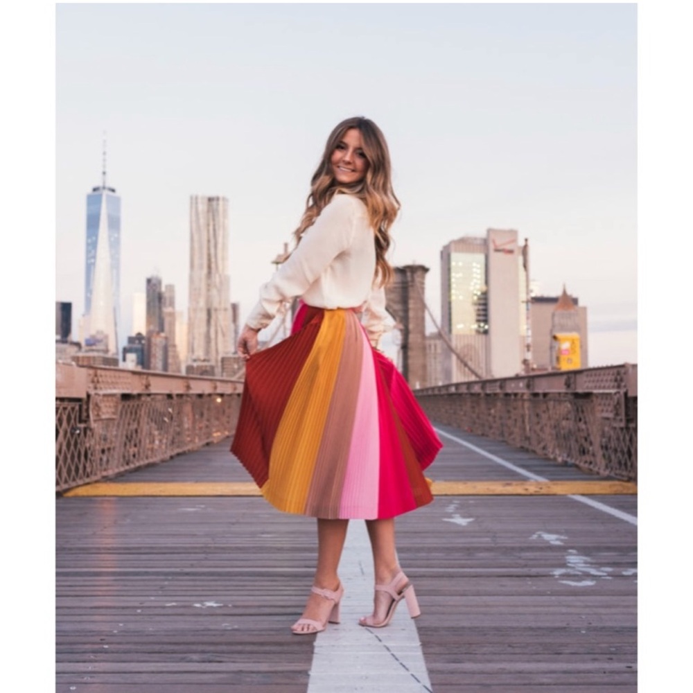 J. Crew Pleated Accordion Rainbow Colorblock Pink Red Yellow Midi Skirt Size 00